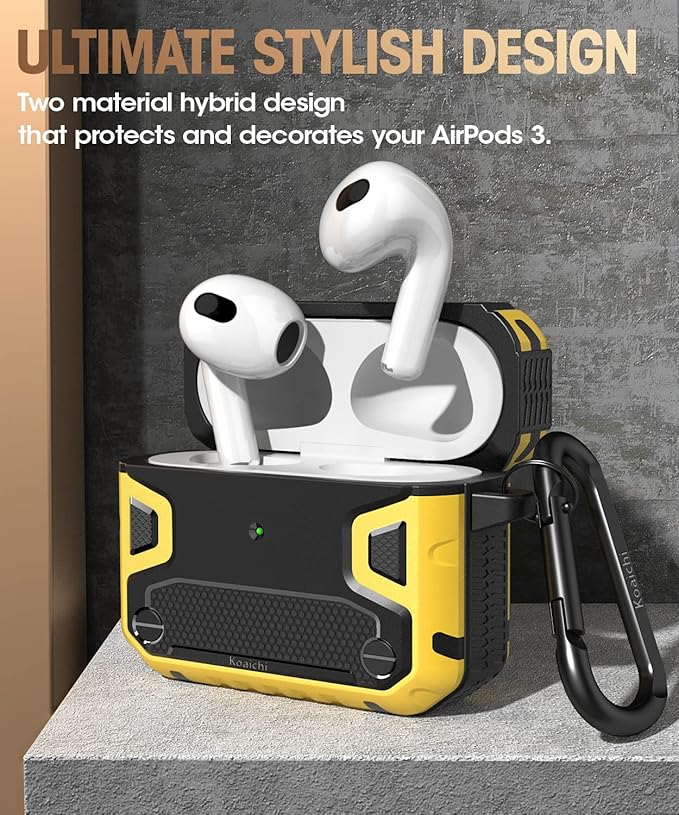 Koaichi Compatible with AirPods 3rd Generation Case(2021), Full-Body Rugged Hard Shell Protective Case Cover with Keychain Designed for AirPods 3, Black/Yellow