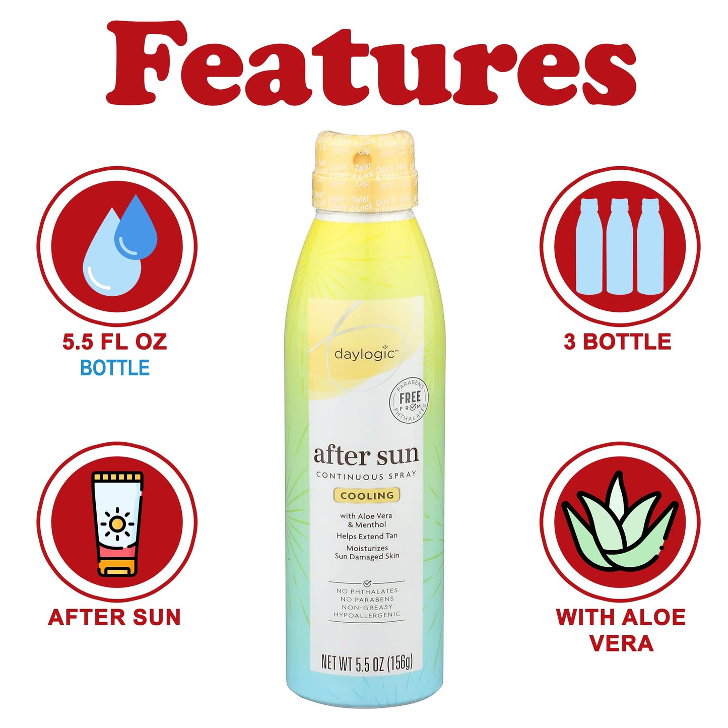 ZompoZ After Sun Spray with Aloe Vera and Menthol, 5.5 oz, Pack of 3, Cooling Mist for Sunburn Relief, Tan Extender and Skin Hydration, Continuous Spray, Non-Greasy, Hypoallergenic