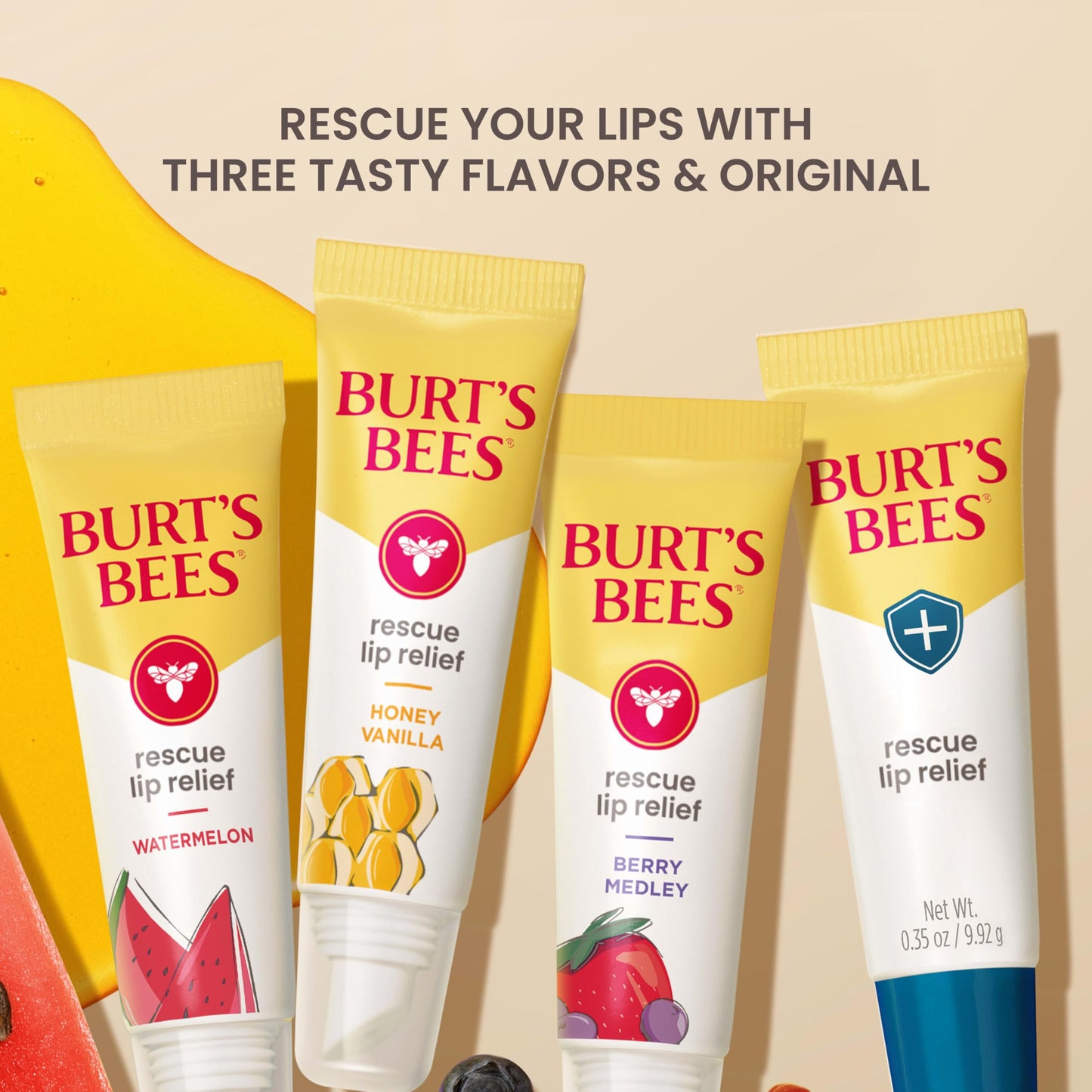 Burt's Bees Rescue Lip Relief, Watermelon, Hydrating Lip Balm for Dry Cracked Lips, with Responsbily Sourced Beeswax and Shea Butter, 100% Natural Origin, 1 Squeezy Tube, 0.35oz