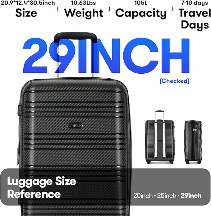 29 Inch Large Checked Luggage Expandable Hard Shell Suitcase with Spinner Wheels TSA Lock for Travel, 29inch, Black