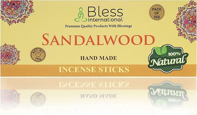 Bless-Sandalwood 100%-Natural-Handmade-Hand-Dipped-Incense-Sticks Organic-Chemicals-Charcoal-Free Purification-Relaxation-Positivity-Yoga-Meditation Best-Woods-Scent (500 Sticks (26 OZ))