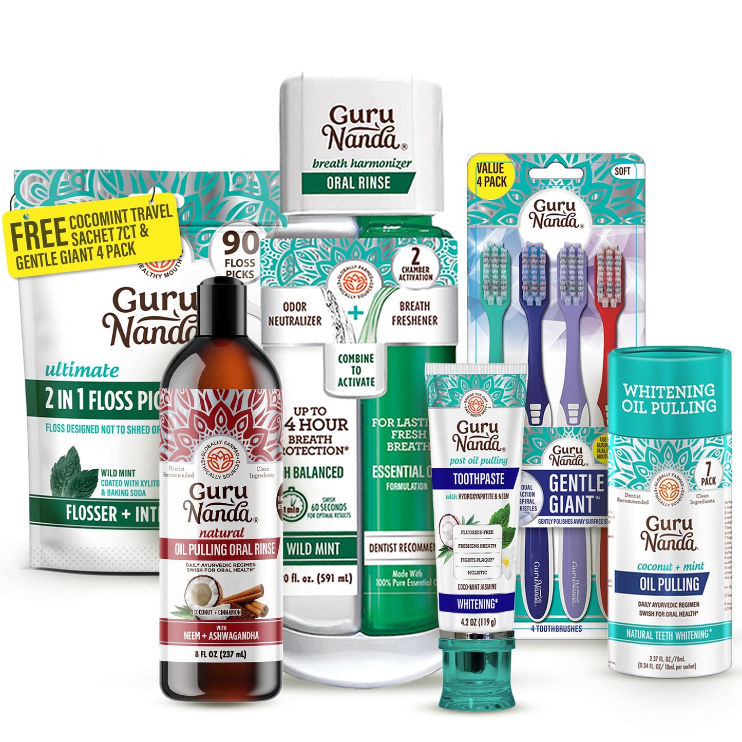 GuruNanda Gum Hygiene Makeover Kit with Ashwagandha & Cocomint (Travel Size) Oil Pulling, Neem Toothpaste, Breath Harmonizer Mouthwash, 2-in-1 Floss Picks & Whitening Toothbrushes