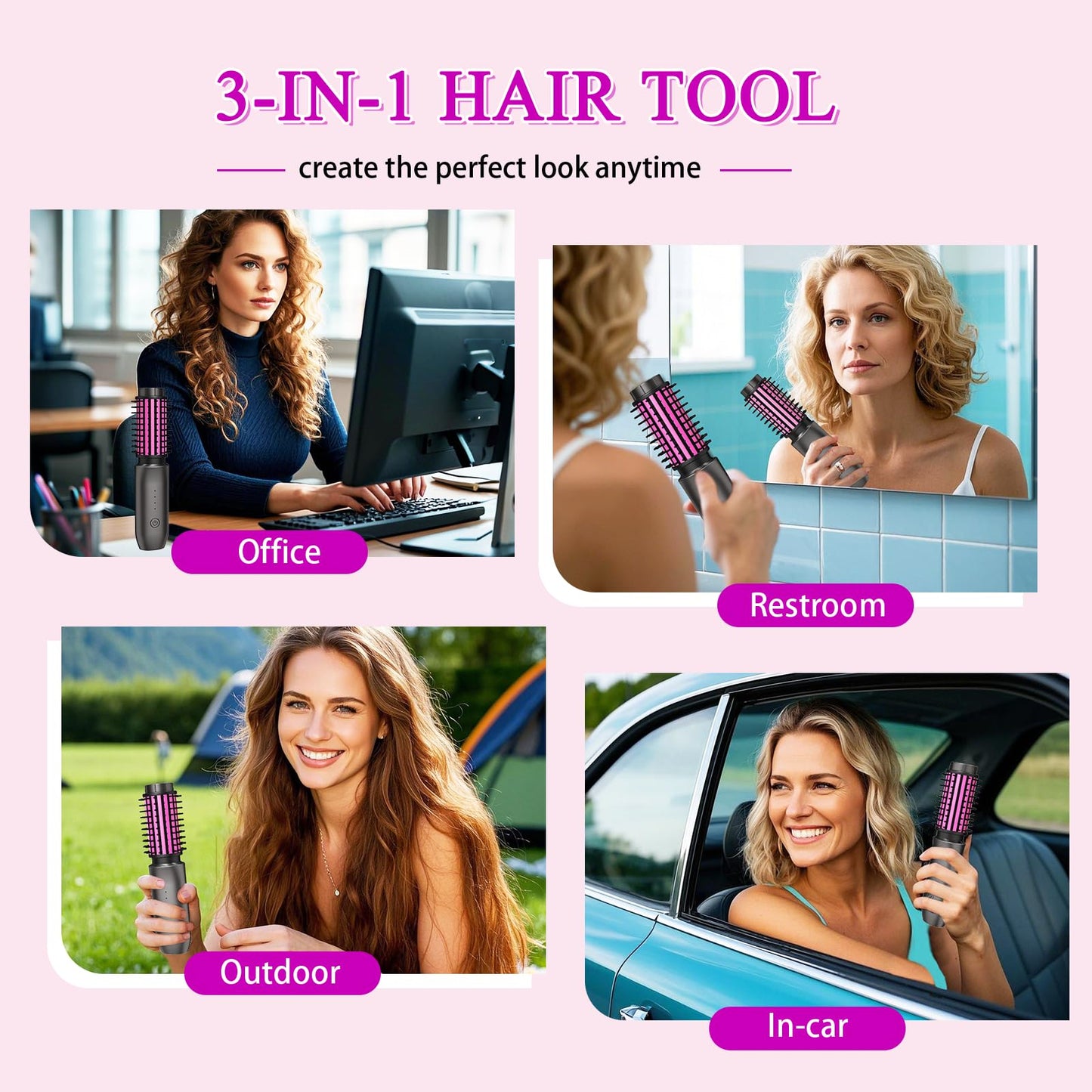 Mini Cordless Curling Iron Brush, Portable Hair Straightening Brush, Cordless Hair Curler Anti-Frizz with Negative Ions, 3-in-1 Crimper Hair Tool, Rechargeable Wave Curling Wand - Night Purple