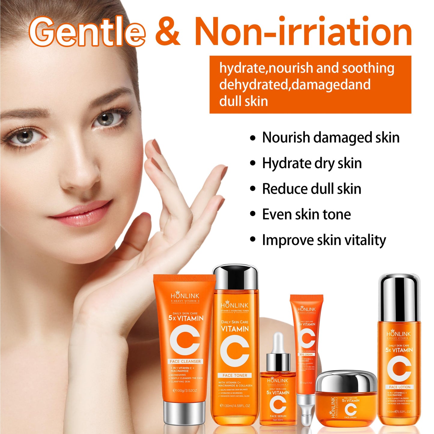 HONKLINK 6-Piece Hydrating Skincare Set with Vitamin C & Niacinamide,Face Care Kit Includes Toner, Faical Serum,Cleanser,Moisturizer, Eye Cream & Body Lotion | Unique Gift for Women