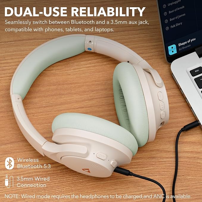1Mii Y8+ Noise Cancelling Headphones Bluetooth, Wireless LDAC Hi-Res Audio, Custom EQ via App, 75H Playtime, Comfort Fit, Over Ear Headphones Foldable for Airplane Travel Home Office Beige Green