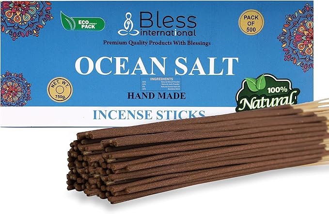 Bless-Ocean-Salt 100%-Natural-Handmade-Hand-Dipped-Incense-Sticks Organic-Chemicals-Charcoal-Free Purification-Relaxation-Positivity-Yoga-Meditation Best-Woods-Scent (500 Sticks(26 OZ))