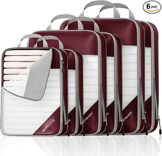 6 Set Compression Packing Cubes for Travel - Compressible, Lightweight, and Space-Saving Packing Cubes, Travel Essentials for Women, Wine