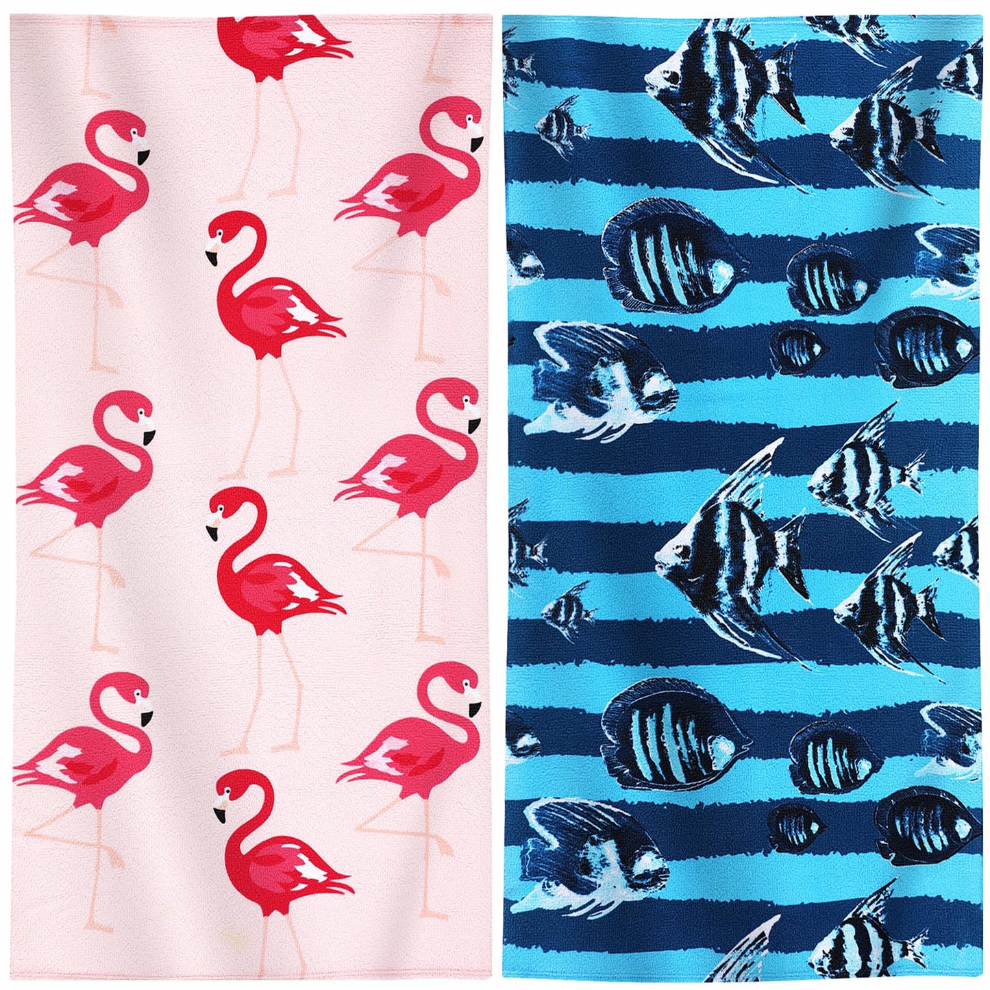 Genovega 2 Packs Oversized Beach Towel Set 36 x 72 in Large Big Pool Camping Swim Clearance Soft Towels Travel Essentials Accessories Must Haves Vacation Adult Necessities Gifts Clownfish Flamingo