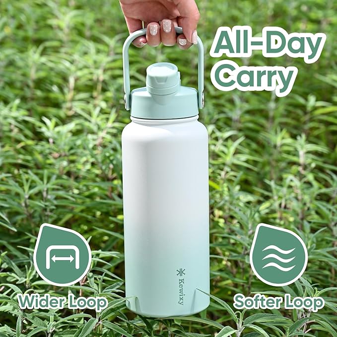 32 oz Insulated Water Bottle, 2-in-1 Lid, Straw & Spout with Protected, Leak Proof, Keep Cold, Stainless Steel, Metal, Reusable, Handle, for Outdoor, Gym and School, 2 Lids, Iced Mint