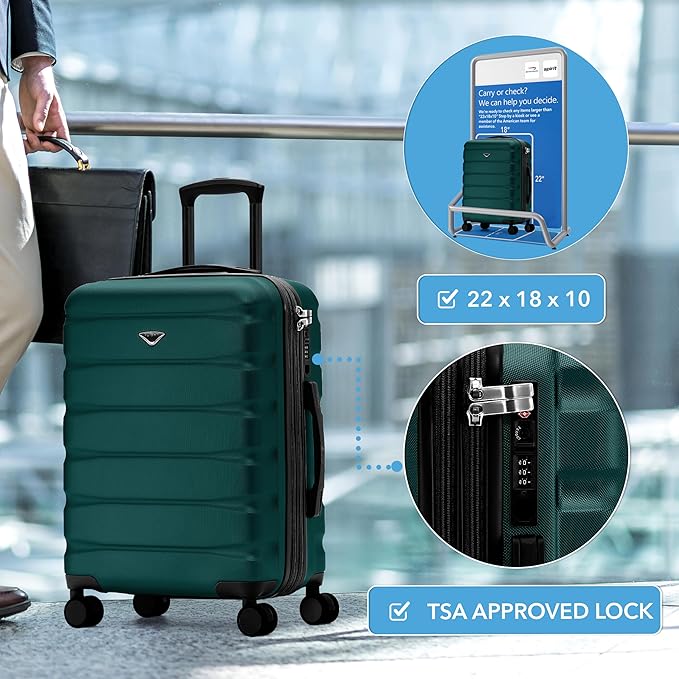 Carry On Suitcase Hardside TSA Lock & USB Port Silent Double Spinner Wheels Maximum Overhead Carry-On Bag Approved For Many Airlines( 22x18x10" ,Forest Green )