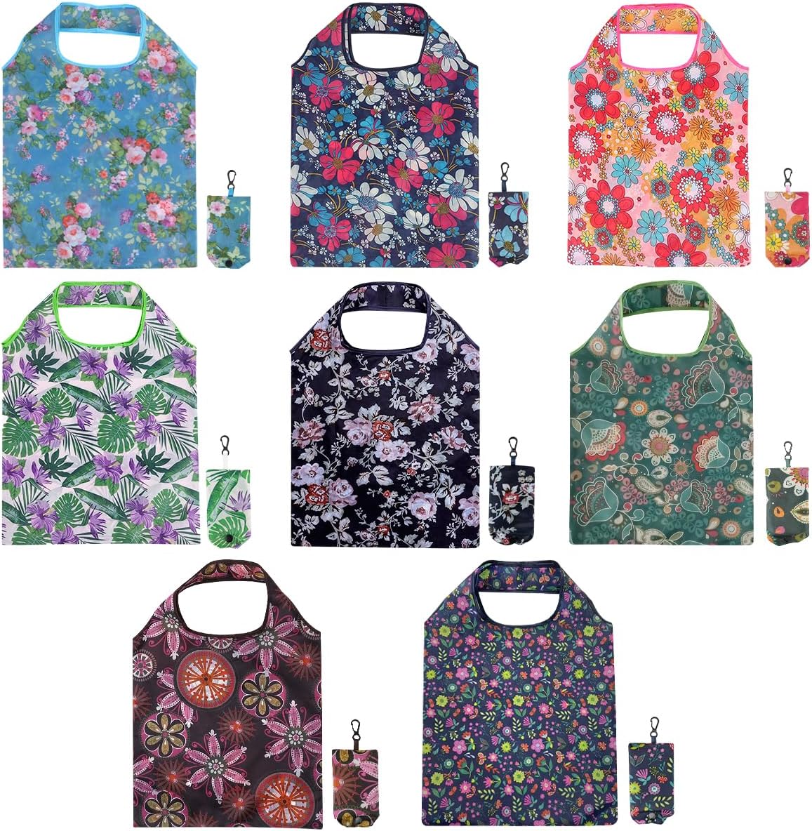 DIBALIYI 8 Pcs Reusable Floral Grocery Bags, Foldable Washable Fashion Shopping Bags, Portable Eco-friendly Tote Bag Gifts for Women, Cute Waterproof Flower Travel Recycle Bag for Supermarket (8Pcs)