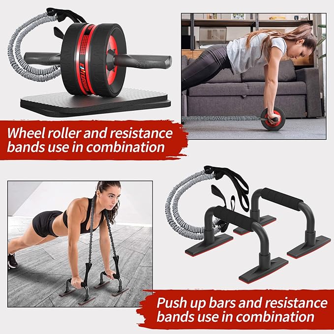 Ab Rollers Wheel Kit, Exercise Wheel Core Strength Training Abdominal Roller Set with Push Up Bars, Resistance Bands, Knee Mat Home Gym Fitness Equipment for Abs Workout
