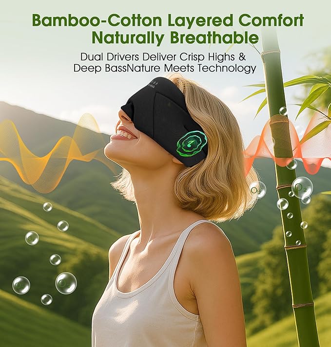 Sleep Mask with Headphones Bluetooth 5.4, LC-dolida Wireless Music Eye Mask for Sleeping Headphones with Soft Bamboo Cotton Cooling Breathable,Ultra-Thin Stereo Speaker for Side Sleepers