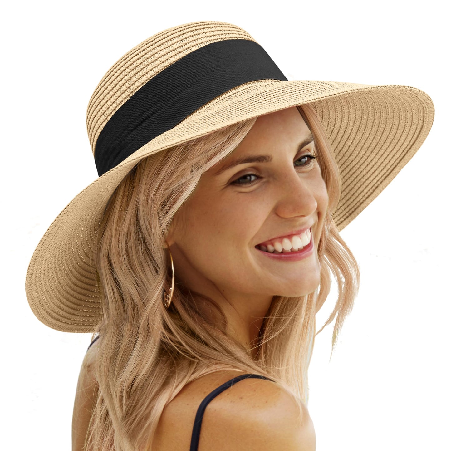 Sun Beach Hats for Women, Wide Brim Womens Straw Hat with Chin Strap, Foldable Beach Hats UV Protection