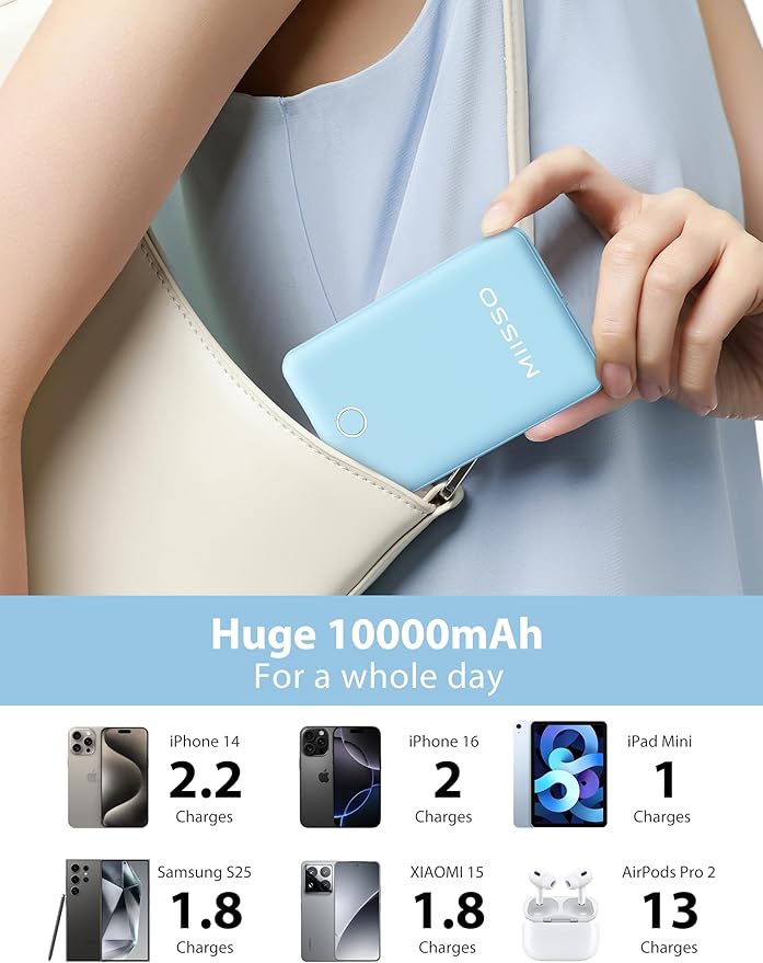 10000mAh Compatible with iPhone 15/16/17 (Only) Slim Portable Charger with Built in Cable, Power Bank Travel Charger External Battery Pack for Phone, 3 Output USB Type C Cord Clutch Charger, Blue