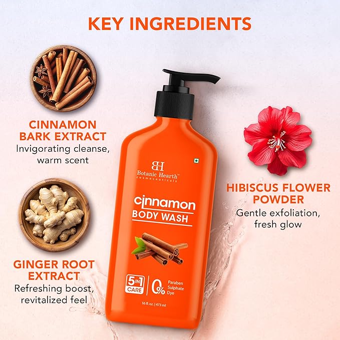Botanic Hearth Cinnamon Body Wash | Invigorating Shower Gel with Natural Cinnamon Extract | 5-in-1 Care Formula | Paraben & Sulphate Free | Gentle Hydrating Body Cleanser for All Skin Types | 16 fl oz