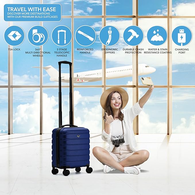 Carry On Suitcase Hardside Built In TSA Lock & USB Port Silent Double Spinner Wheels Maximum Underseat Carry-On Bag For American & United Approved Airlines( 18x14x8" ,Navy )