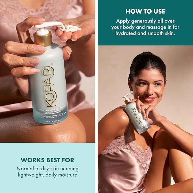Kopari Hydrating Silk Body Cream with Hyaluronic & Polyglutamic Acids – Long Lasting Moisturizer for Dry Skin, Lightweight & Silky Texture, Sweet Coconut Milk Scent, 6.7 oz