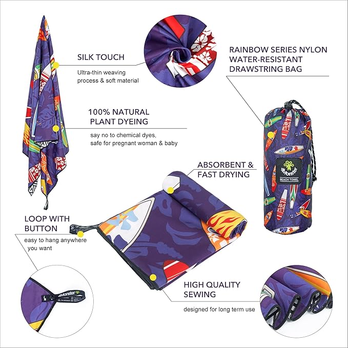 4Monster Microfiber Beach Towel Quick Dry,Super Absorbent Lightweight Travel Towel for Swimmers, Sand Free Camping Towel, Beach Towels for Pool,Swim,Water Sports,Yoga