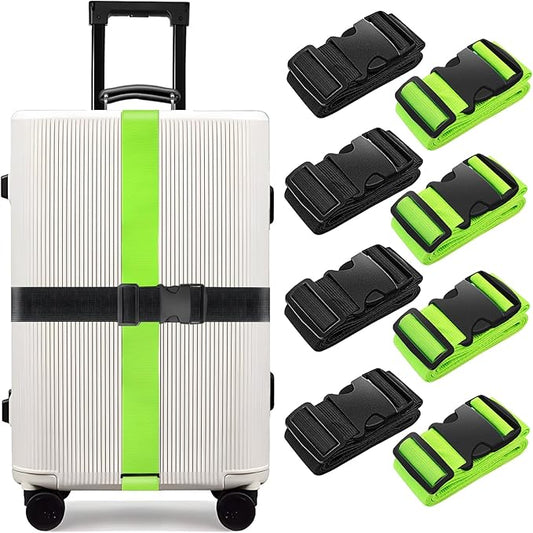 BILIONE 8 Pcs Luggage Straps, 79" Long Belts Keep Suitcase Secure While Traveling, TSA Approved Add a Bag Premium Accessory for Travel Bag Closure (4Pcs Black + 4Pcs Green)