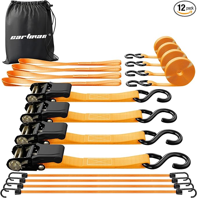 Cartman 1" x 15' Ratchet Tie Down up to 1500lbs 4pk in Carry Bag, with 18" Soft Loop Tie-Down Straps & 32" Bungee Cord