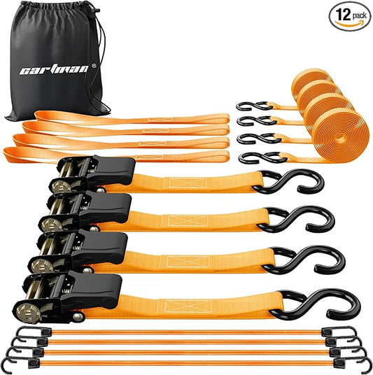 Cartman 1" x 15' Ratchet Tie Down up to 1500lbs 4pk in Carry Bag, with 18" Soft Loop Tie-Down Straps & 32" Bungee Cord