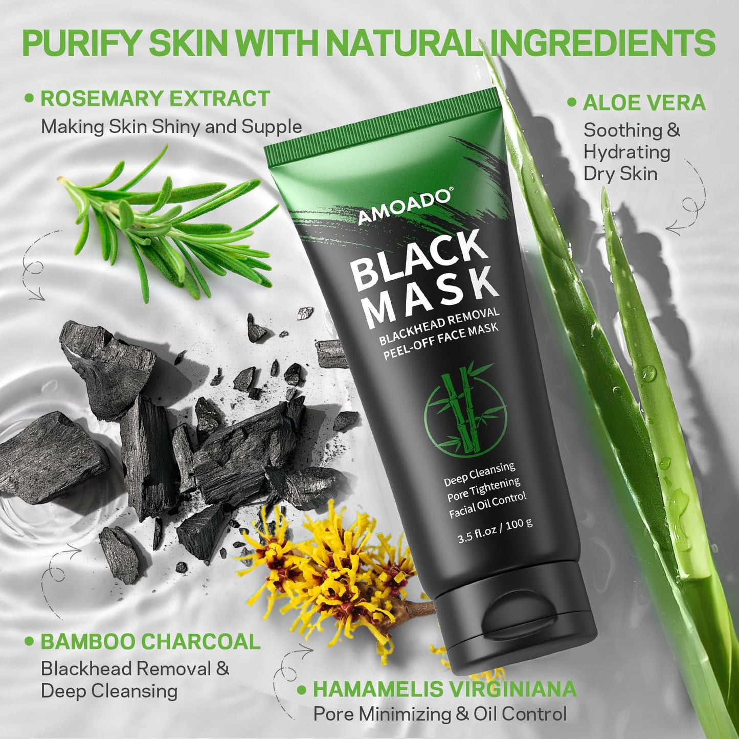 AMOADO Blackhead Remover Mask, Charcoal Peel Off Face Mask Kit, (100g) Deep Pore Cleans,Oil Control, Blackheads Removal Peel Off Black Mask for Men & Women – Includes Brush,Extractor Tool