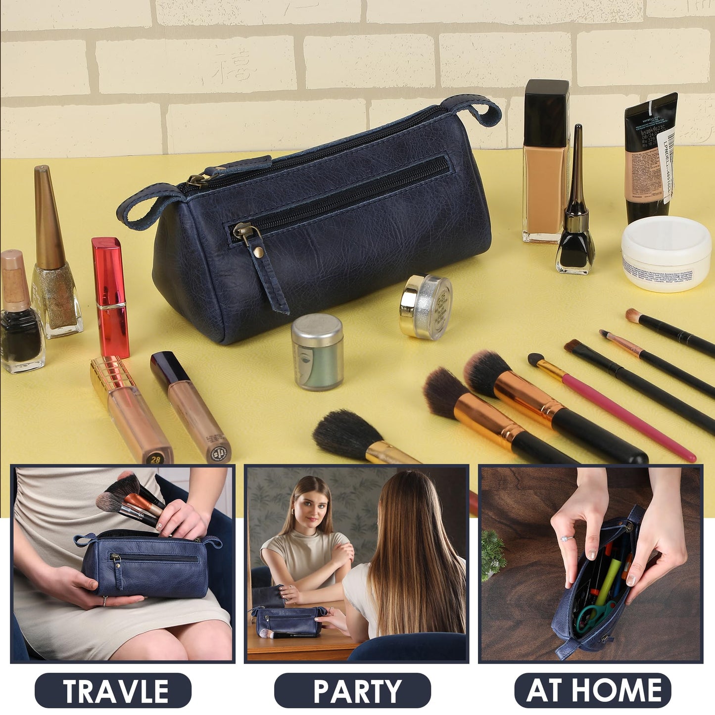 TheAntiq Leather Cosmetic Bags For Men and Women Travel Set HandCrafted Leather Makeup Bag, Small Toiletry Bag, Makeup Essentials Organiser Mini Cosmetic Pouch For Purse Dopp Kit