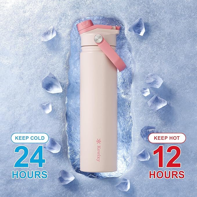 24 oz Insulated Water Bottle, 2-in-1 Lid, Straw & Spout with Protected, Leak Proof, Keep Cold, Stainless Steel, Metal, Reusable, Handle, for Travel, Gym and School, 2 Lids, Pale Pink