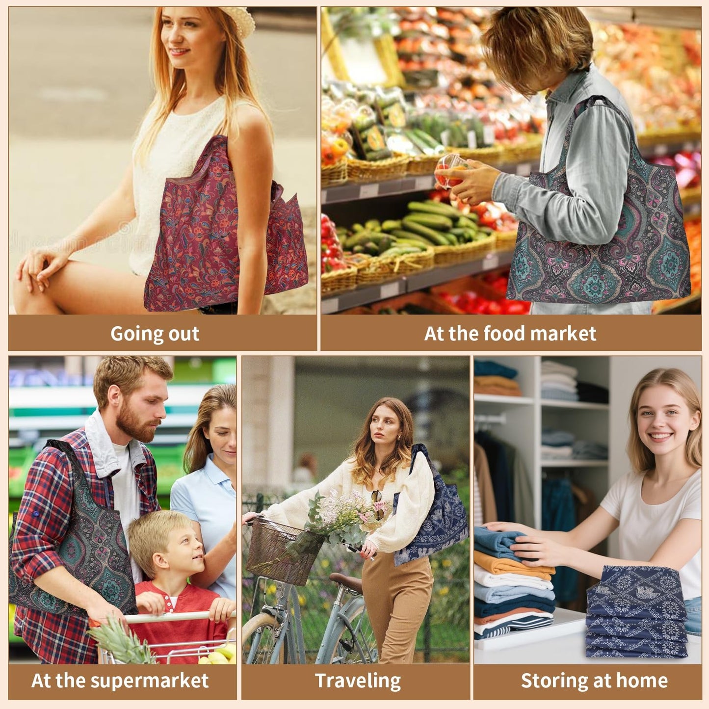 gracefuLife Foldable Grocery Bag Set of 3, Large Capacity 22x15in, Holds up to 44lb,Reusable Shopping Bags For Travel, Storage, and More, Soft Fabric with vivid Patterns