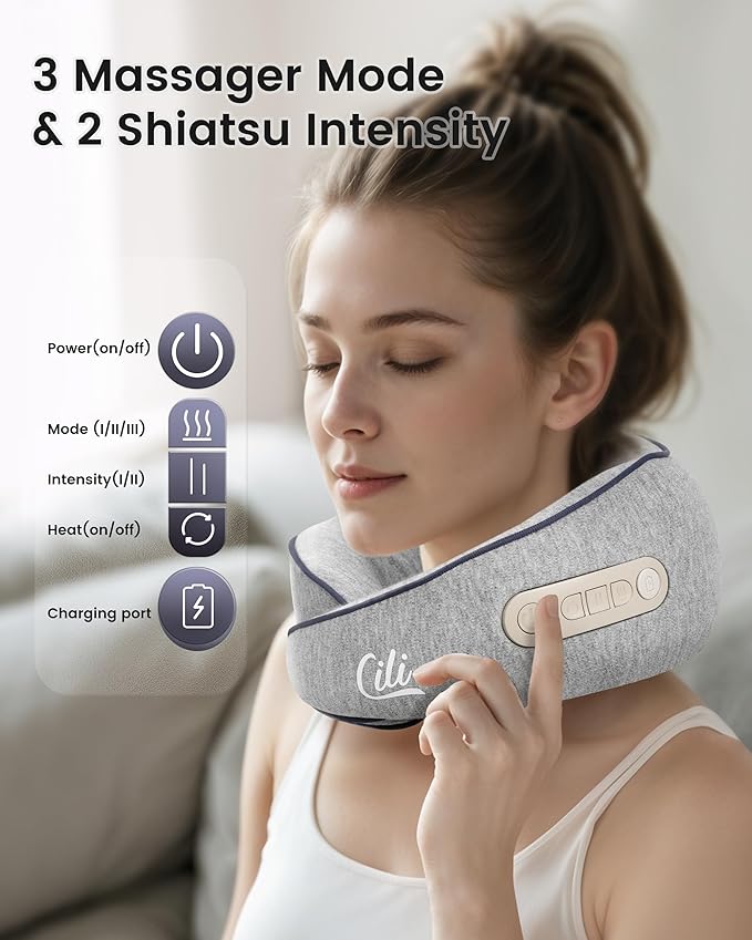 CILI Cordless Neck Massager Pillow with Heat, Shiatsu Neck Massager for Pain Relief Deep Tissue,Heated Massage Pillow for Travel,3 Adjustable Intensity,Gifts for Women Men Mom Dad