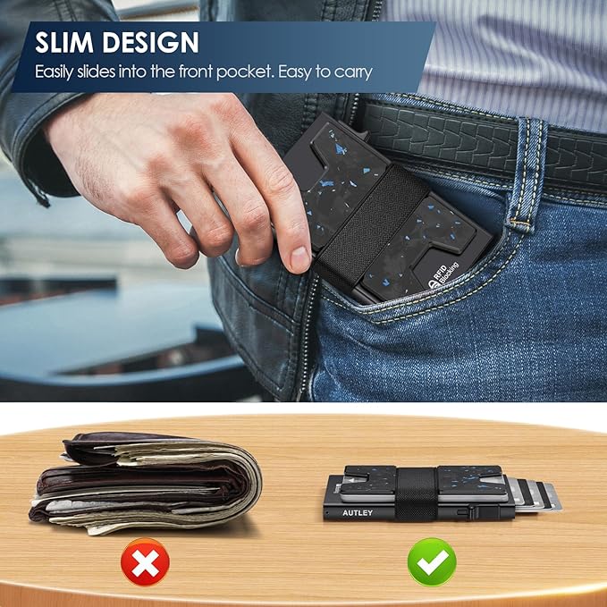 AUTLEY Slim Card Holder, Minimalist Pop Up Wallet for Men, RFID Blocking Mens Wallet with Cash Band (Blue Spot Carbon Fiber)