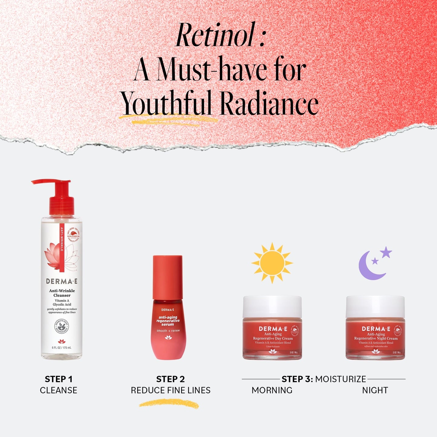 DERMA E Face Serum, Anti Aging Regenerative Retinol Serum for Face, 1 Fl Oz, Vitamin A, Bakuchiol, Glycolic Acid, Green Tea Extract, Helps Reduce Appearance of Fine Lines and Wrinkles