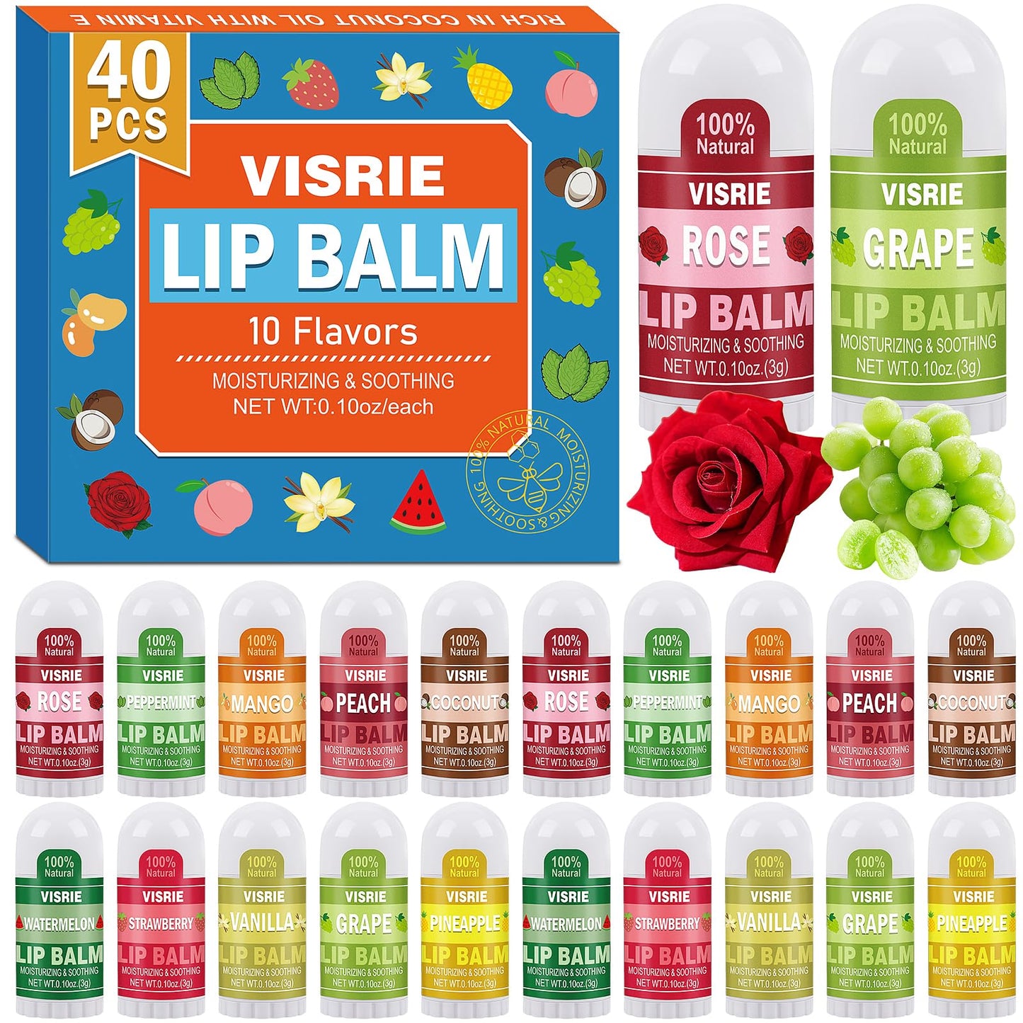 VISRIE Mini Lip Balm 40 Pack, Natural Lip Balms Bulk with Vitamin E and Coconut Oil, Moisturizing Lip Balm for Dry Cracked lips - 10 Flavors