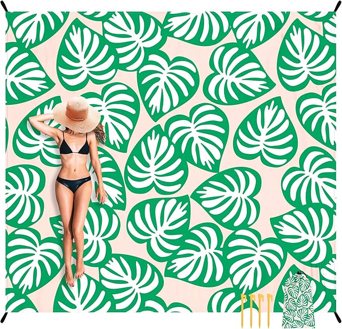 Beach Blanket Waterproof Sandproof, 9 Ft X 10 Ft Extra Large Sand Free Beach Mat, Big Compact Lightweight Quick Drying Picnic Blanket with 4 Stakes & Pockets for Camping, Travel, Hiking