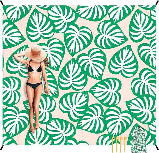 Beach Blanket Waterproof Sandproof, 9 Ft X 10 Ft Extra Large Sand Free Beach Mat, Big Compact Lightweight Quick Drying Picnic Blanket with 4 Stakes & Pockets for Camping, Travel, Hiking