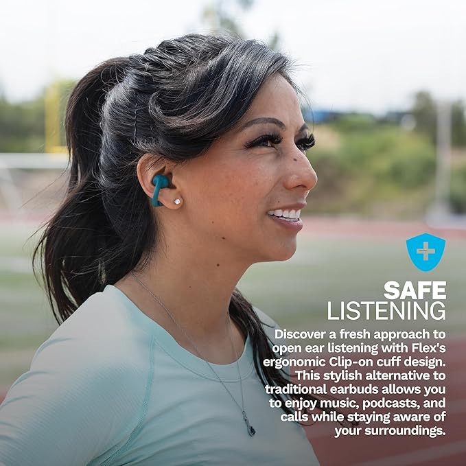 JLab Flex Open Earbuds, Clip-on Cuff Design, Wireless Open-Ear Audio Freedom Effortless Fit, Safe Listening, Bluetooth Multipoint, Customize with The App, Teal