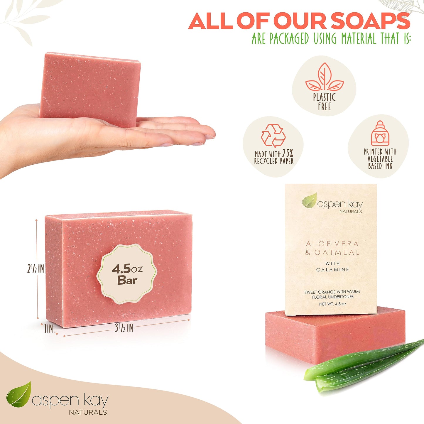 Aloe Vera & Oatmeal Soap Bar with Calamine, Natural & Organic Ingredients - Organic Aloe Vera & Colloidal Oats. Face & Body - for Men, Women & Teens. Gentle Body Wash. 4.5 oz Bar