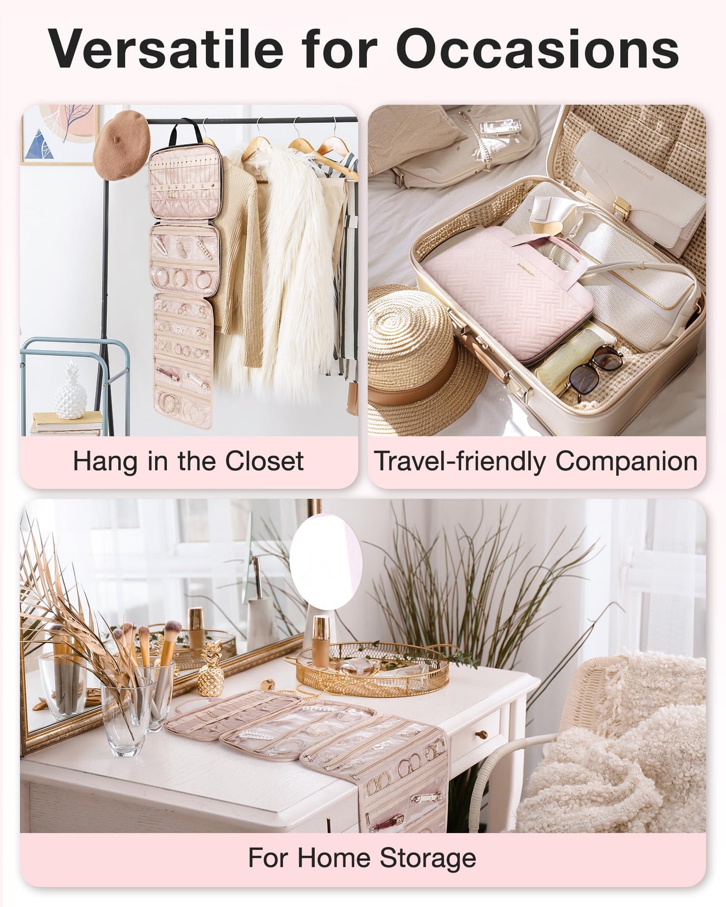 BAGSMART Travel Jewelry Case, Hanging Roll Jewelry Bag with Zipper Pockets Jewelry from Oxidation, Large Capacity for Earrings, Necklaces, Rings on Closet, Wall, Door, Portable Travel Essentials, Pink