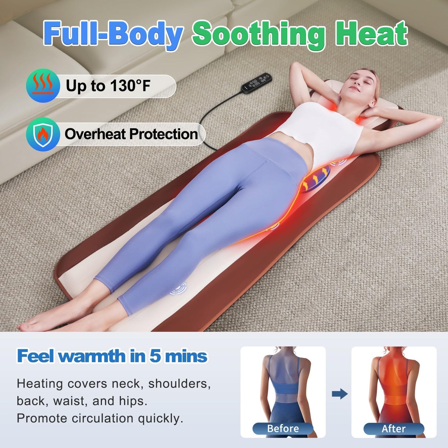 Full Body Massage Mat with Heat, Back Massage Pad with Lumbar Traction, Heating Pillow-Equipped, 4 Massage Modes & 6 Quieter Motors, Adjustable Waist to Fit 5'0-6'2, Foldable & Portable Design
