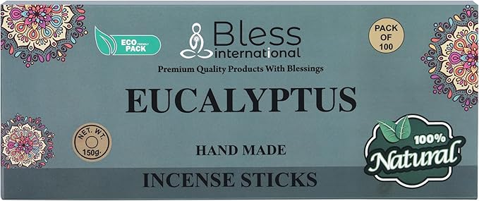 Bless-Eucalyptus 100%-Natural-Handmade-Hand-Dipped-Incense Organic-Chemicals-Charcoal-Free Purification-Relaxation-Positivity-Yoga-Meditation Best-Woods-Scent (100 Sticks(5.25 OZ))