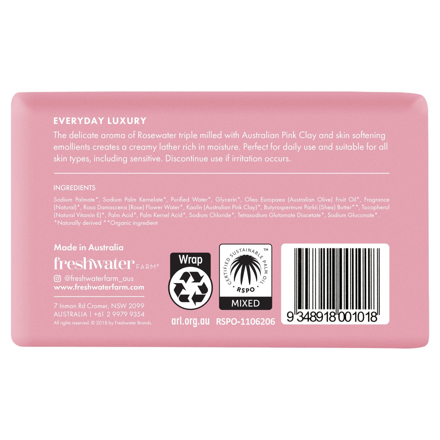 Freshwater Farm Australia Castile Natural Bar Soap | Rosewater + Pink Clay | Australian Made + Family Owned | Triple-Milled with Australian Pink Clay | Recyclable Paper Wrap | 7 oz x 3 pack