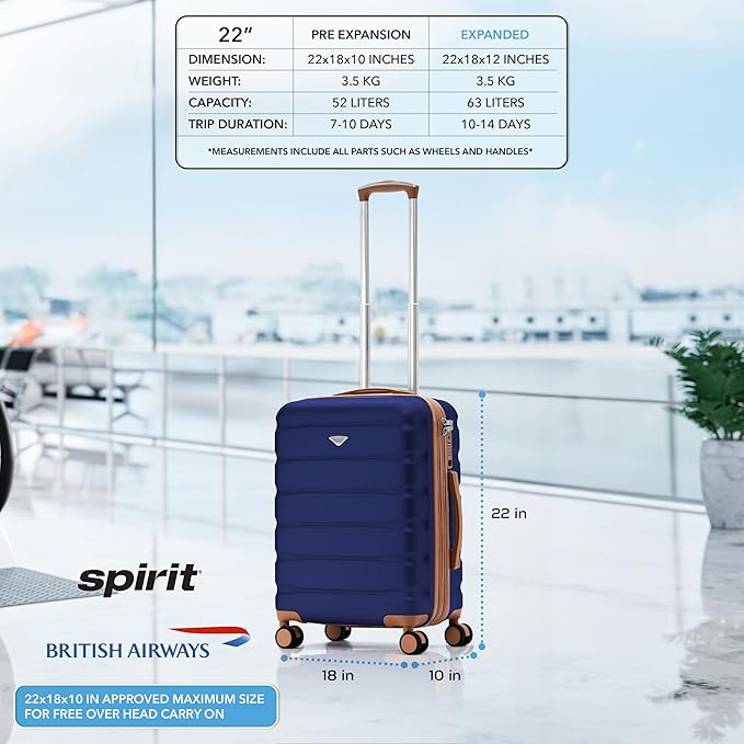 Carry On Suitcase Hardside TSA Lock & USB Port Silent Double Spinner Wheels Maximum Overhead Carry-On Bag Approved For Many Airlines( 22x18x10" ,Navy/Tan )