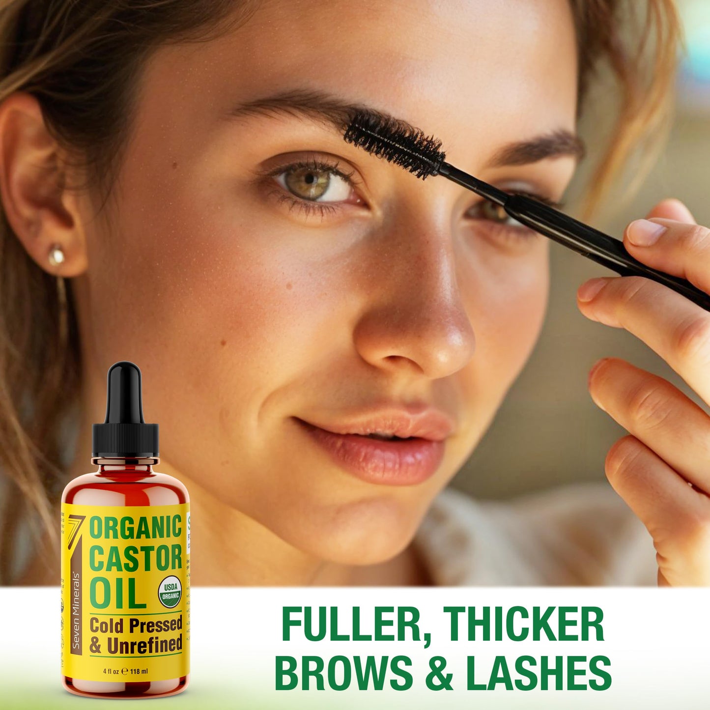 Seven Minerals 4oz Organic Castor Oil for Eyelashes, Eyebrows, Face & Hair Growth - Glass Bottle, Cold Pressed & Hexane Free - 100% Pure - Hydrates & Boosts Natural Hair, Ordinary Lash & Brow Growth
