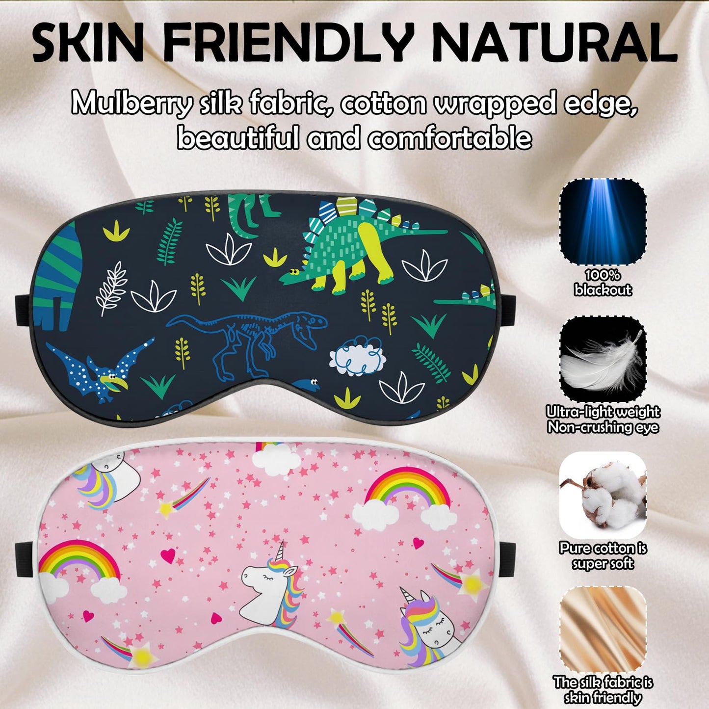 BHAHB 2 PCS Sleep Eye Mask Silk Sleeping Soft with Elastic Strap Eye Sleep Shade Cover for Cute Aesthetic Unisex Women Girls for Airplane Travel Nap-Dinosaurs Unicorn