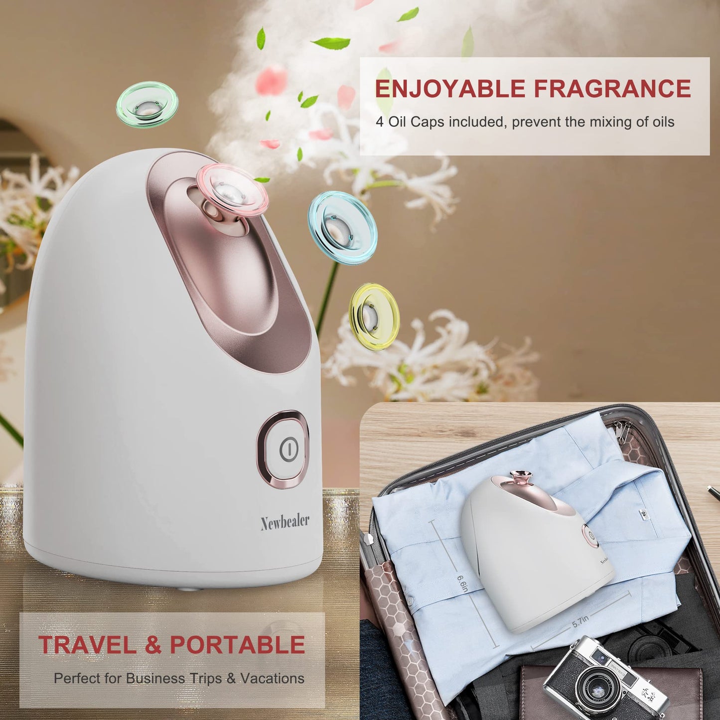 Newbealer Facial Steamer, Mini Aroma Face Steamer, Nano Ionic Hot Mist Face Humidifier for Facial Deep Cleaning, Home Sauna Spa Sprayer with 9 Pieces Acne Remover Kit (White-Gold, 160 ML)