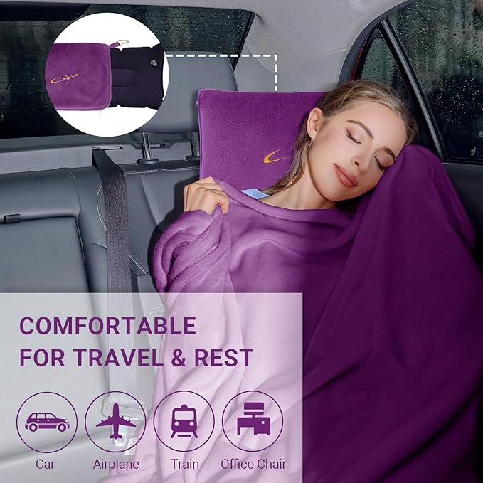 Travel Blanket & Pillow Set, 300 GSM Soft Fleece, 60x43 Inches, 3-in-1 Airplane Blanket, Travel Pillow and Blanket Set, Travel Blanket Airplane Compact with Bag, Travel Essentials, Violet