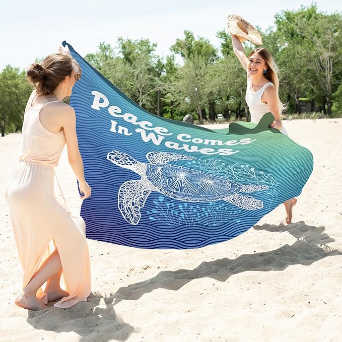 Beach Turtle Pocket Picnic Blankets, Blue Ocean Coastal Mini Beach Camping Blanket Waterproof Sandproof, Rustic Sea RV Outdoor Picnic Blanket Mat Gifts for Camper Campsite Travel 55x60in