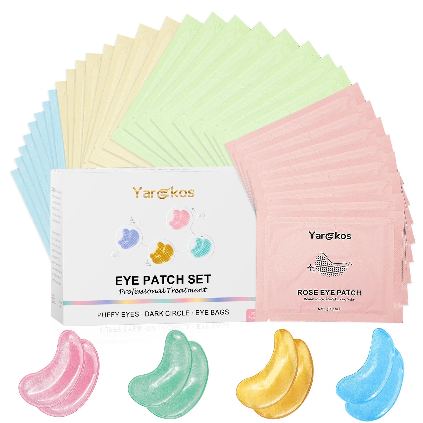 Yargkos 32 Pairs Under Eye Patches, Hydrating Eye Masks for Dark Circles Puffiness Puffy Eyes, Anti Wrinkle Collagen Undereye Pads, 32 Sets Travel Skincare Face Gel (24K Golden+Blue+Pink+Green)
