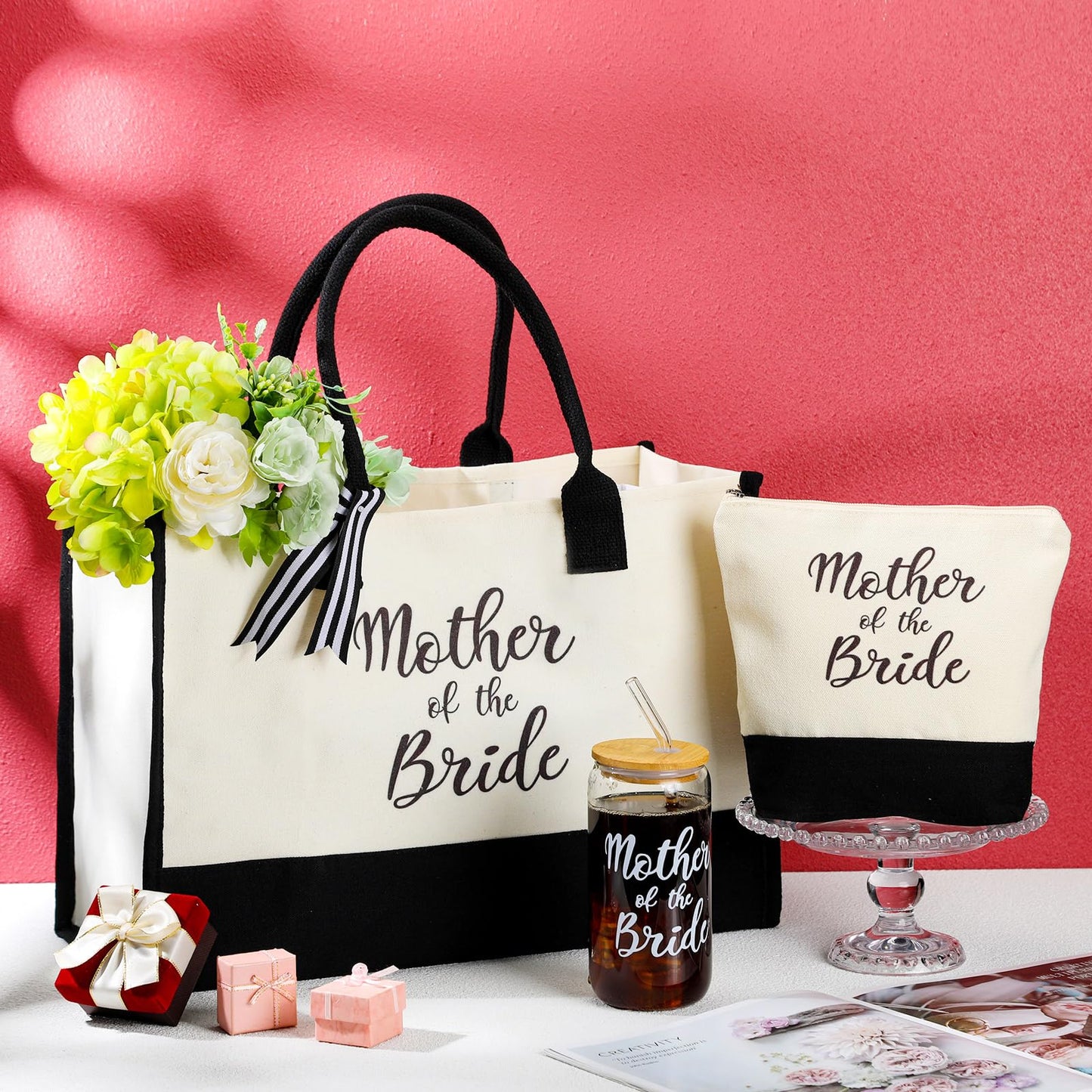 Zubebe 3 Pcs Bride Gifts Set for Bridal Shower Include Glass Cup Canvas Tote Bag Makeup Bag for Honeymoon Gift (Mother of the Bride)